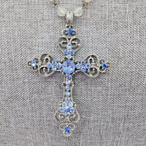 Beautiful Blue Rhinestone Silver Tone Filigree Beaded Religious Fashion Necklace